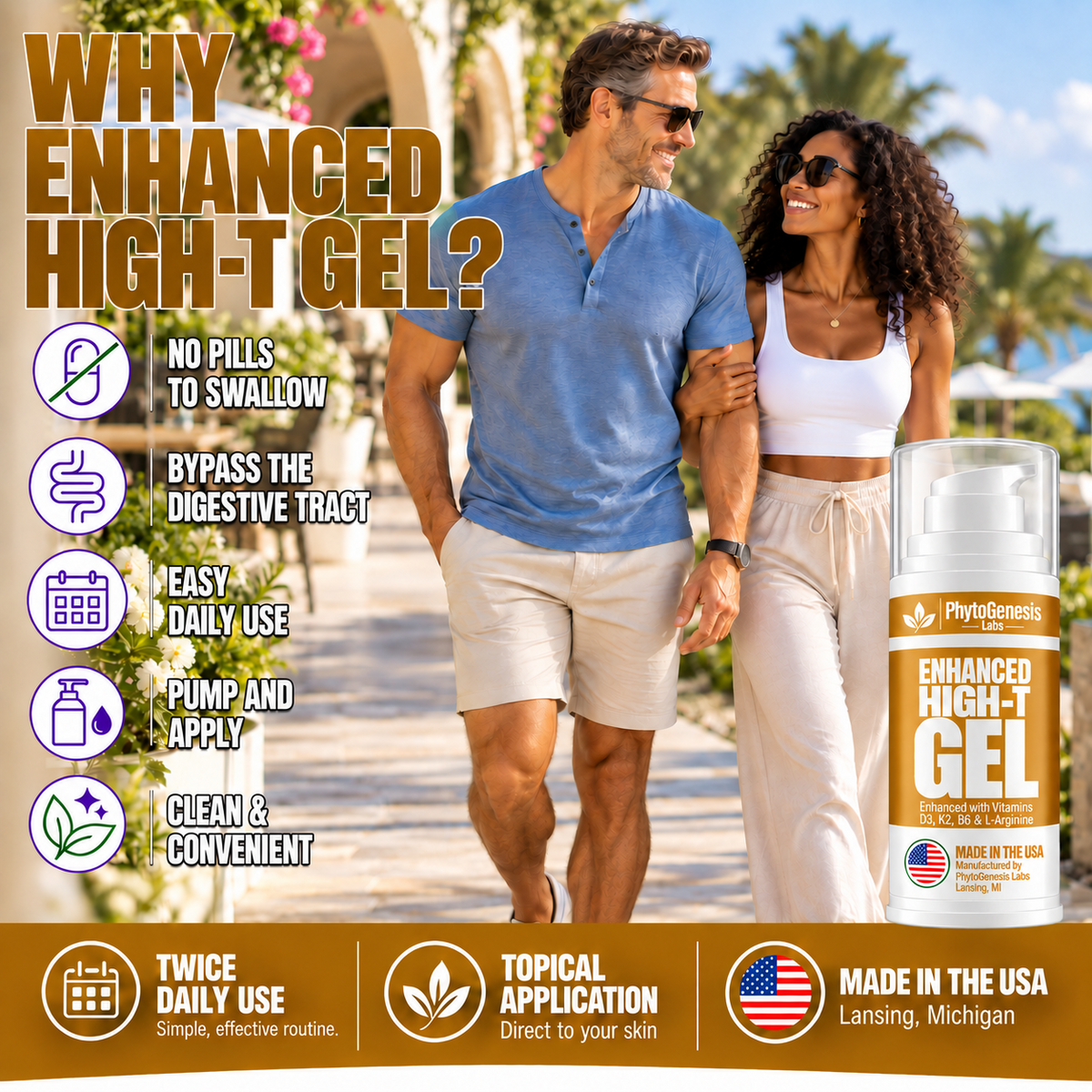 Natural Testosterone Gel - Enhanced Formula with Vitamin D3, K2, B6, and L-Arginine